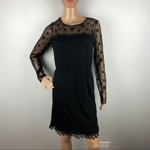 NEW ANNA SUI BLACK SHEER STAR DETAIL LONG SLEEVE MINI DRESS - Picture 2 of 8